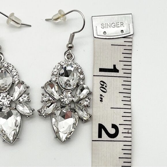 Sparkle Clear Rhinestone Silver Tone Dangle Statement Hook Fashion Earrings 1.5” - Picture 4 of 4